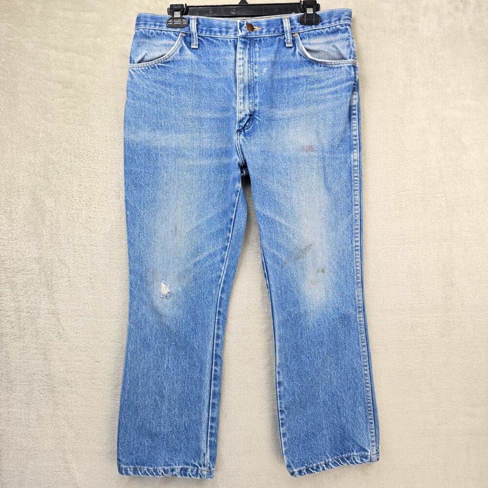 Vintage Rustler Jeans Mens Fits 32x26 Blue Faded Whiskers Denim Straight Leg USA